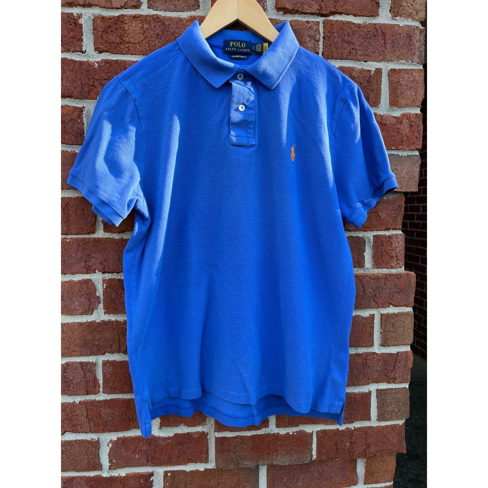 Polo Ralph Lauren Mens Custom Slim Fit Blue Pique Polo Shirt Orange Pony Large